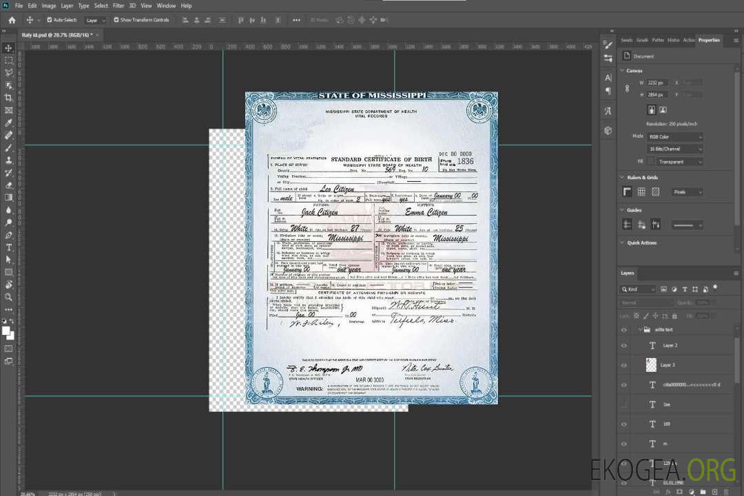 Modèle de certificat de naissance de l'État du Mississippi aux États-Unis au format PSD template Modèle de certificat de naissance de l'État du Mississippi aux États-Unis au format PSD template